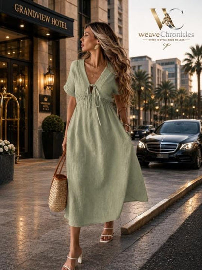 Women's Flowy Midi Dress Tie Front Dress Casual Summer Dress A Line Modest Day Dress