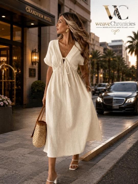 Women's Flowy Midi Dress Tie Front Dress Casual Summer Dress A Line Modest Day Dress