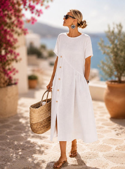 Handmade Women Summer Maxi Dress Elegant Short Sleeve Casual A Line Sun Dress