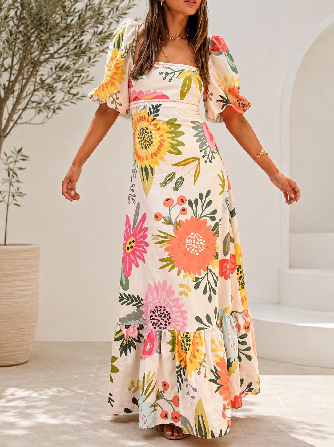Floral Maxi Dress Square Neck Puff Sleeve Boho Wedding Guest Vacation Summer Elegant Holiday