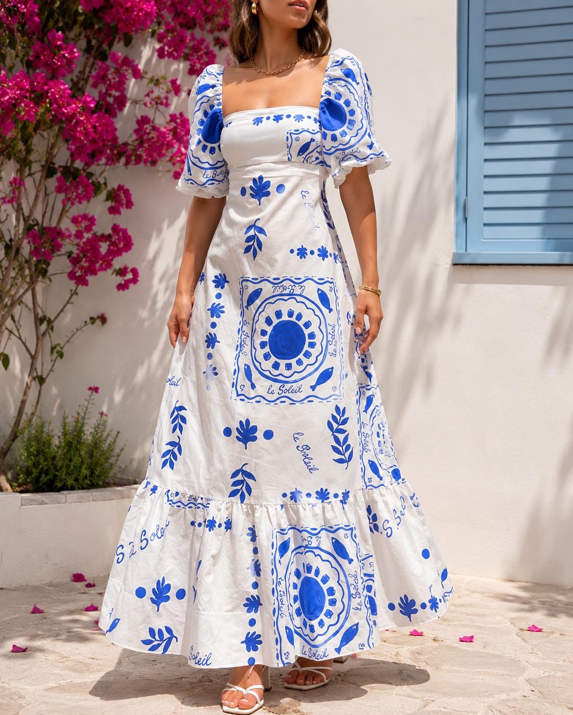 Floral Maxi Dress Square Neck Puff Sleeve Boho Wedding Guest Vacation Summer Elegant Holiday
