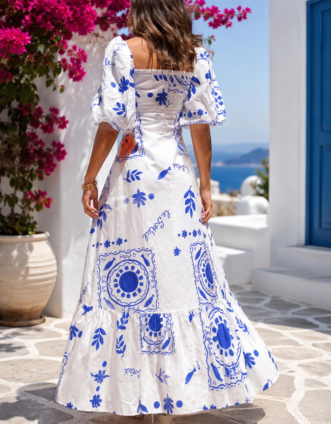 Floral Maxi Dress Square Neck Puff Sleeve Boho Wedding Guest Vacation Summer Elegant Holiday