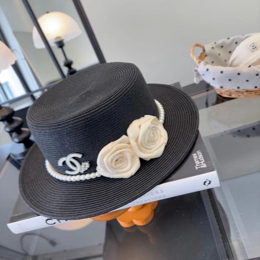 Chanel Flat-top Straw Hat With Flower Pearl 269016