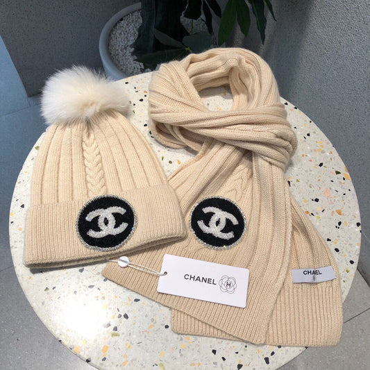 SET BEANIE HAT AND SCARF IN BISQUE BEIGE WOOL 424022