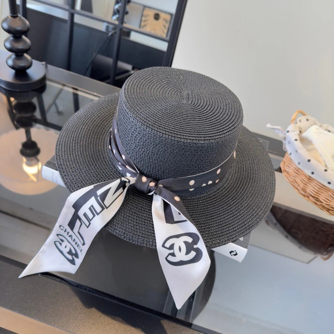 Chanel Flat-top Straw Hat With Silk Bow 279632
