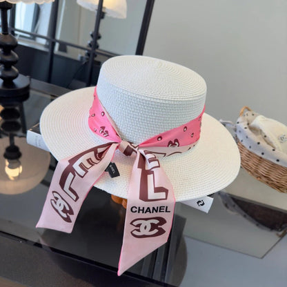 Chanel Flat-top Straw Hat With Silk Bow 279632