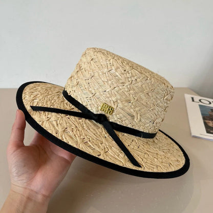 MM STRAW HAT IN BEIGE RAFFIA MIX BLACK FABRIC TRIM